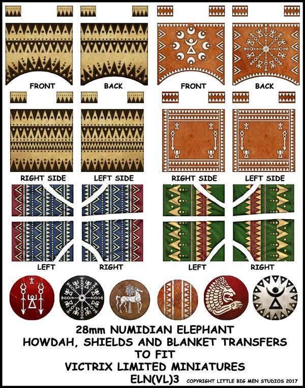 Eln VL 3 Elefante de guerra cartaginára, escudo numidiana, Howdah y transferencias de manta