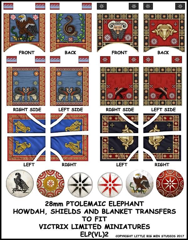 ELP VL 2 Éléphant de guerre carthaginois, bouclier ptoloméique, howdah et transferts de couverture